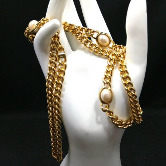 Vintage Long Gold Plated Chain Necklace, 4 Pearled Reversible Cabochons, 36 Inch - Picture 9 of 9